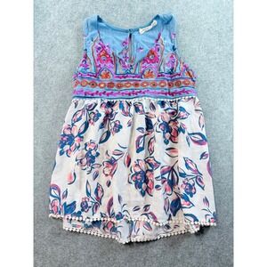 Penelope Project Blue Embroidered Floral Pom Pom Trim Sleeveless Top Medium